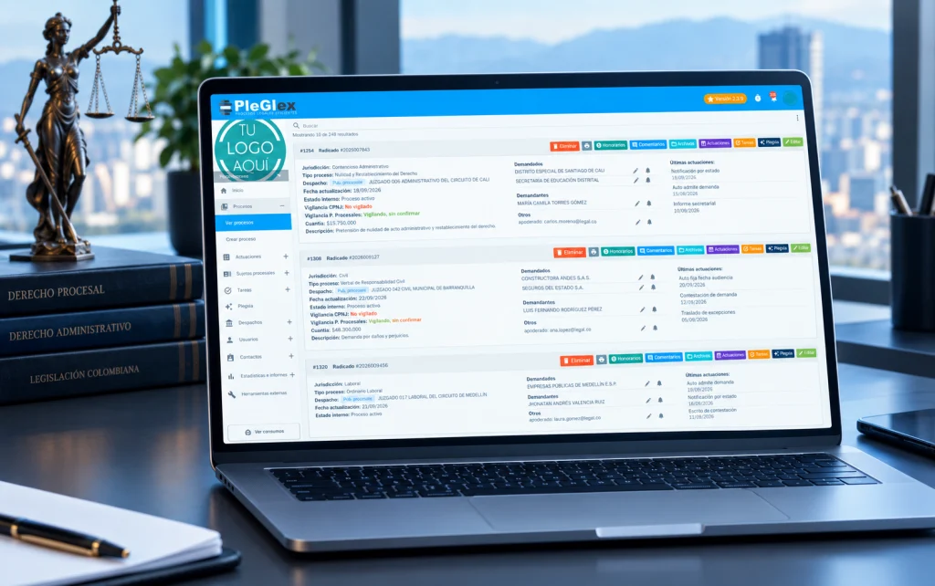 Plataforma de gestión jurídica Pleglex, software tecnológico para abogados y despachos en Colombia
